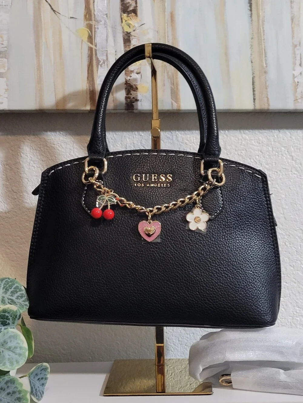 NWT GUESS Davina Charms Black Satchel Handbag with Gold Chain and Charm Accents